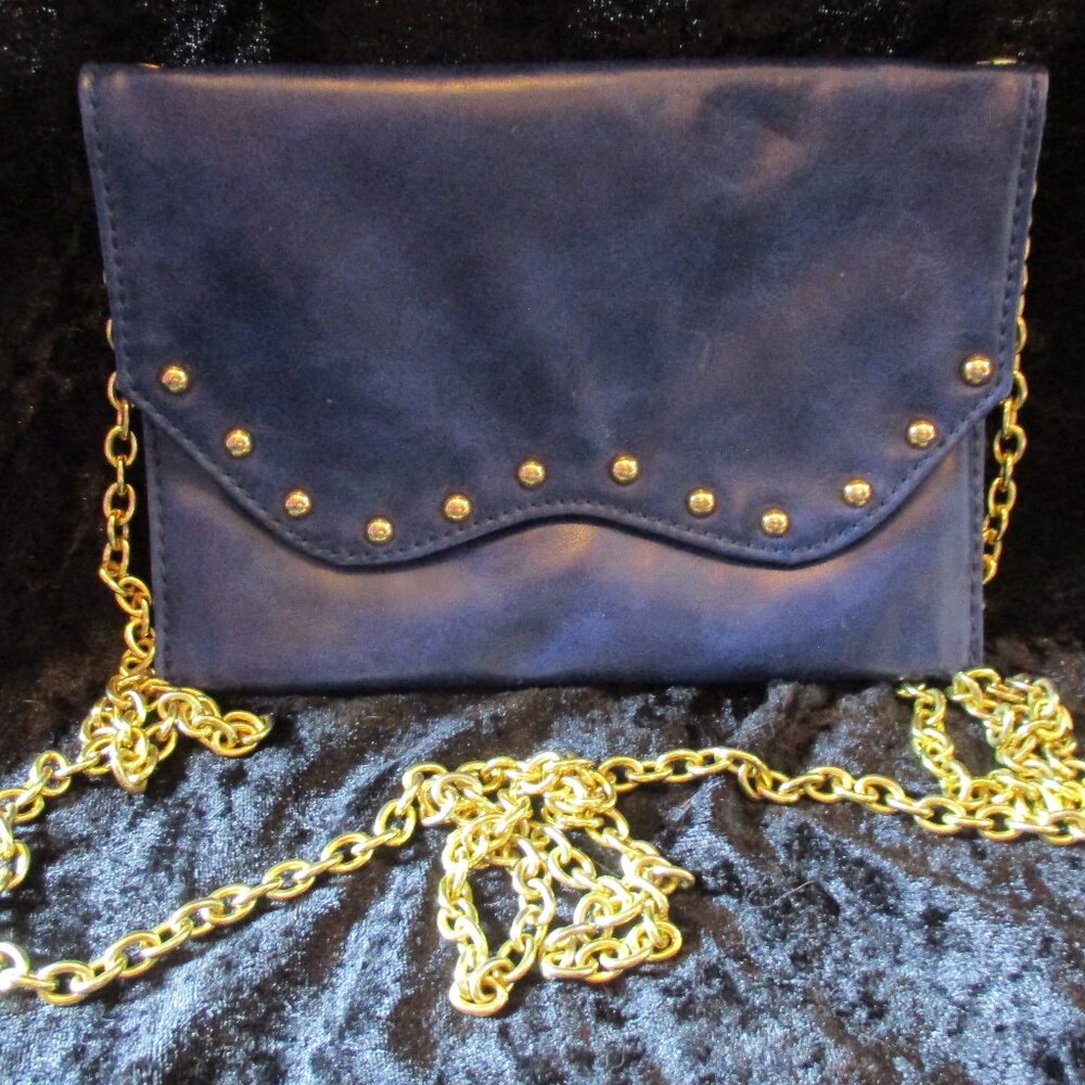 Vintage Mud Pie Blue Leather Gold Studded Crossbody Handbag w/Gold Chain Strap